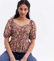 New Look Brown Ditsy Floral Sweetheart Peplum Blouse